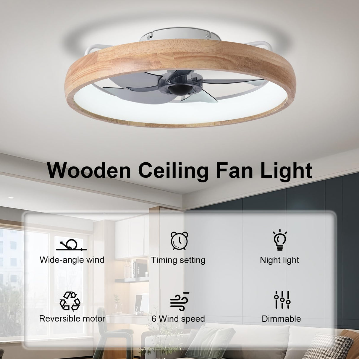 WenineStar 20” Ceiling Fan with Light, Dimmable LED Timing with Remote Control, 5 Invisible Reversible Blades Semi Flush Mount Low Profile Fan, Arc Wooden Frame WenineStar