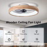 WenineStar 20” Ceiling Fan with Light, Dimmable LED Timing with Remote Control, 5 Invisible Reversible Blades Semi Flush Mount Low Profile Fan, Arc Wooden Frame WenineStar