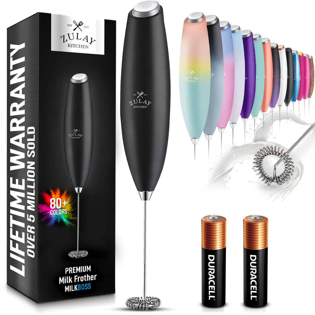 Zulay Kitchen Milk Frother Wand Drink Mixer with AA Duracell Batteries- Durable Handheld Milk Frother Electric Whisk - Easy-Clean Milk Frother Wand & Mini Blender - Electric Coffee Frother - Black Zulay Kitchen