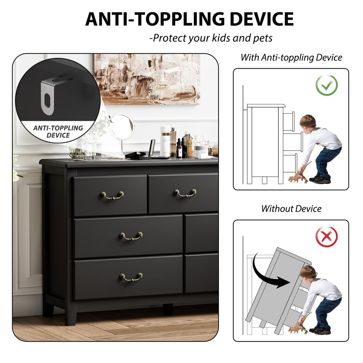 HOUROM Black Dresser for Bedroom, Modern Style 7 Drawer Double Dresser with Vintage Gold Antique Handles, Dresser and Chest of Drawers, Hallway 7 Drawer Dresser, Antique Black HOUROM