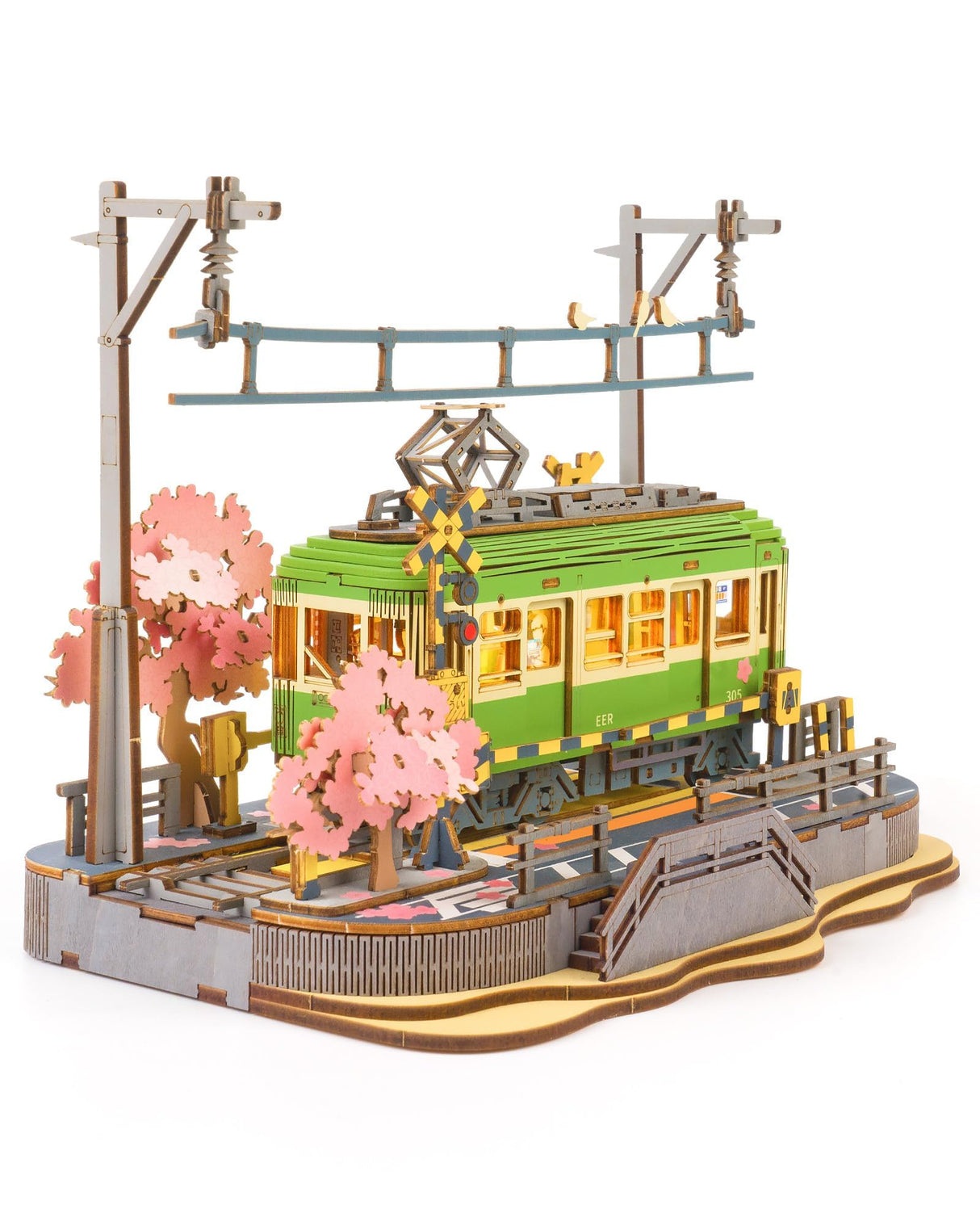 Rolife 3D Wooden Puzzle for Adults, Sakura Journey Tram DIY Model Building Kits with LED Lights, Creative Kids Craft Hobby Gift and Brain Teaser Home Decor Assembly Toy Rolife