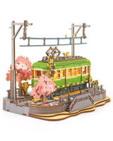 Rolife 3D Wooden Puzzle for Adults, Sakura Journey Tram DIY Model Building Kits with LED Lights, Creative Kids Craft Hobby Gift and Brain Teaser Home Decor Assembly Toy Rolife
