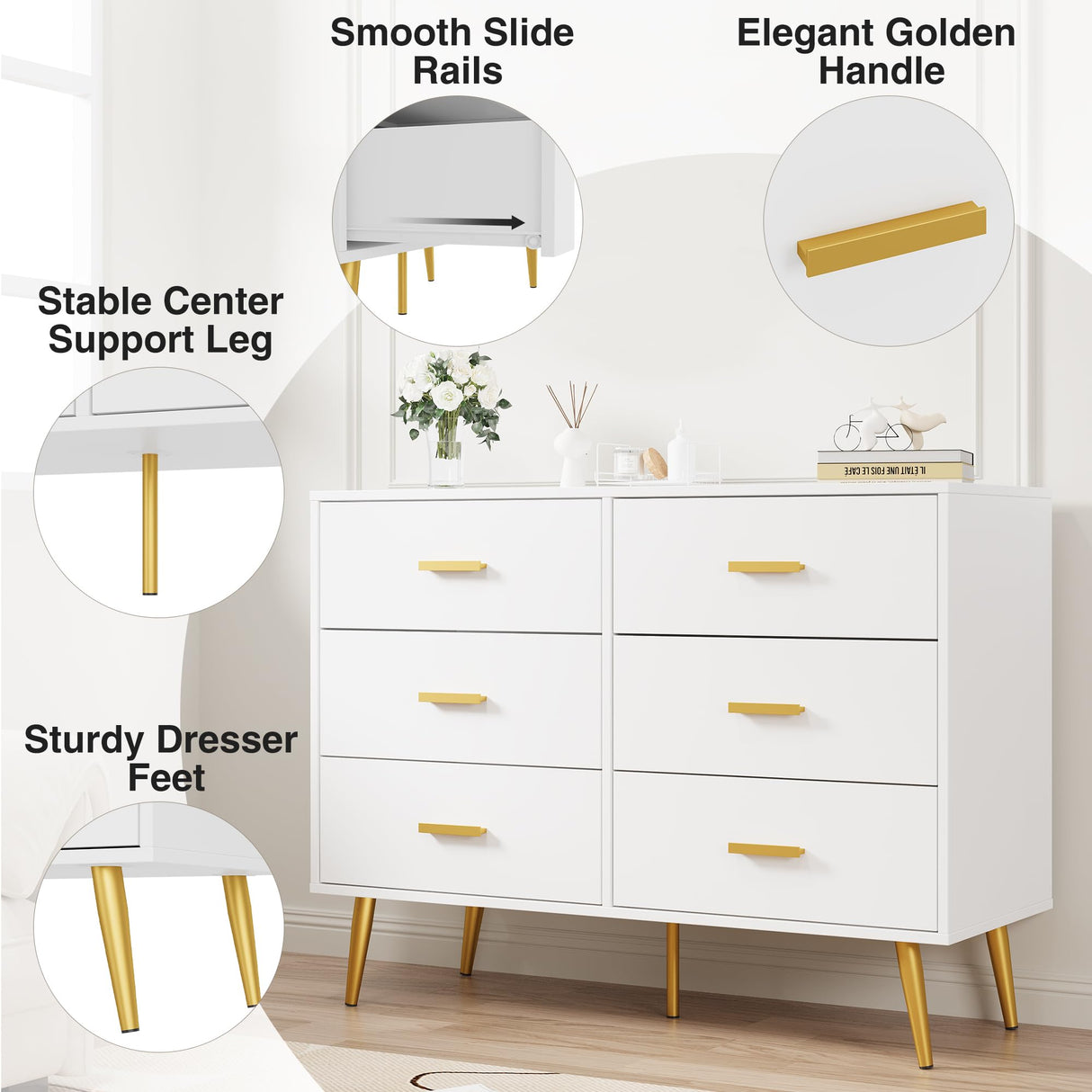 GarveeHome 6 Drawer Dresser, Modern Wooden Dresser with Gold Handles and Storage Space, Chest of Drawers for Bedroom, Hallway, Living Room and Entryway, White GarveeHome