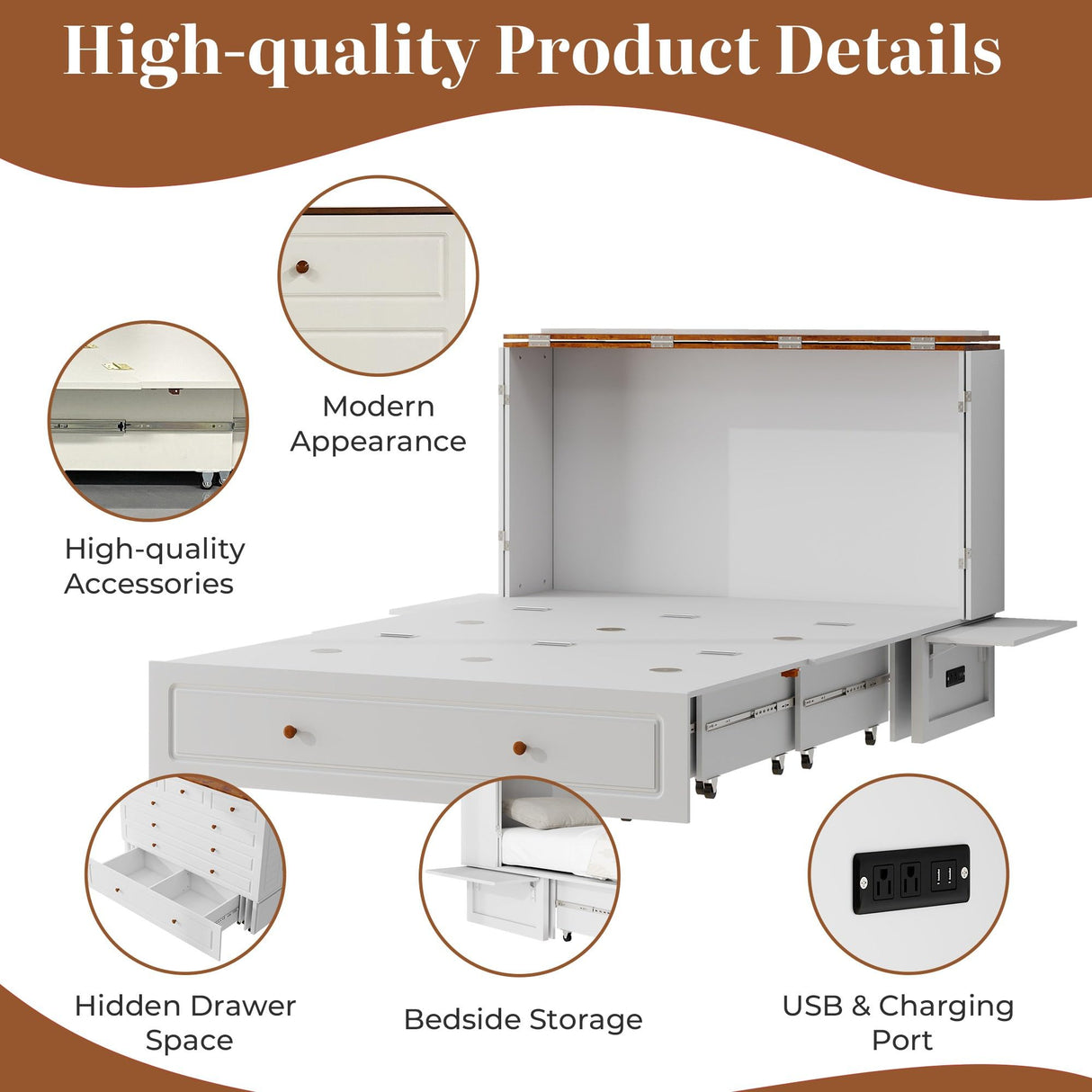 Tafeumob Murphy Bed Queen Size: Murphy Bed Cabinet with Drawer Space-Saving with Shelves&Charging Station for Bedroom, Multipurpose Area, Guest Room, Apartment White (Mattress not Included) Tafeumob