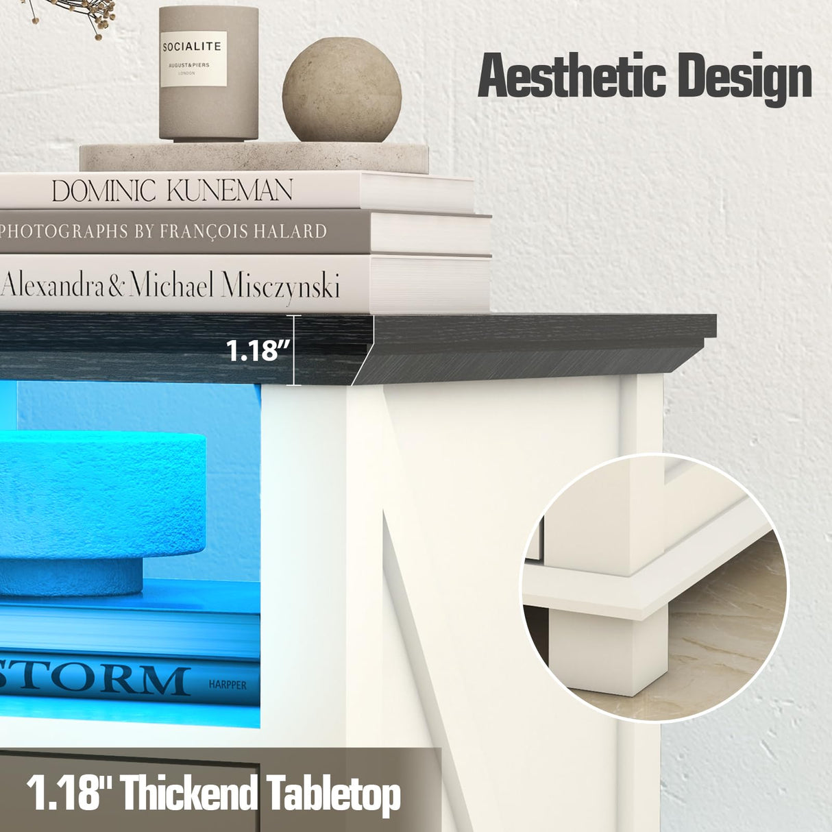 Livofloral Farmhouse End Tables with Charging Station, LED Nightstand with Power Outlets, Bedside Table with Charger Station, White Side Table for Living Room with Storage & Barn Door Livofloral