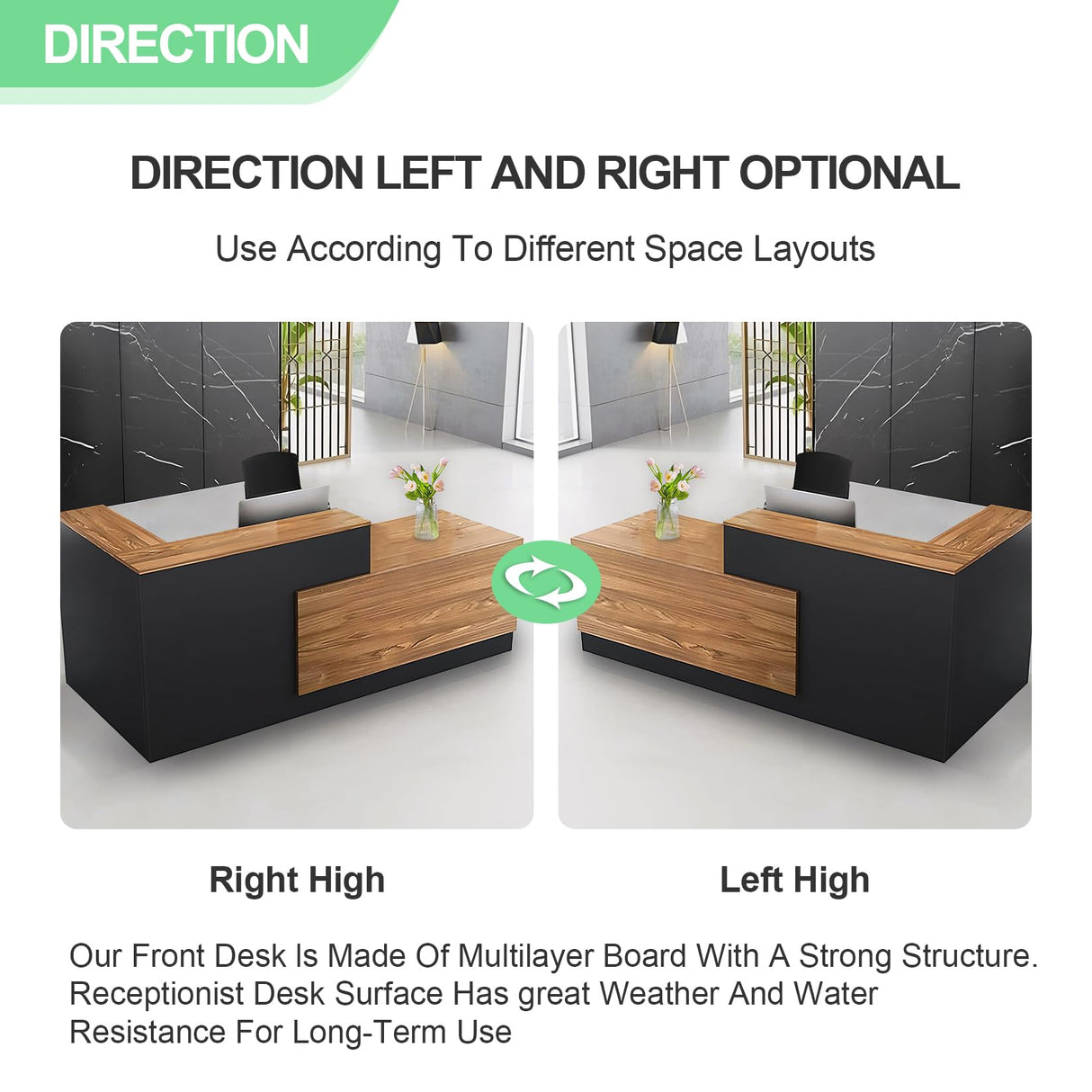 L Shaped Reception Desk with Lockable Drawer and Cable Grommets Front Desk Retail Checkout Counter Table for Salon Lobby Shop Office Reception Room Wood and Black Right 63inch/160cm Generic