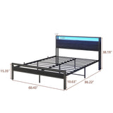 Queen Bed Frame with Storage Headboard/LED Lights,Metal Platform Bed Frame Queen Size with Storage Charging Station,Queen Bed Frame No Box Spring Needed,Heavy Duty Metal Slats,Bed Base,No Noise,Black HOJINLINERO