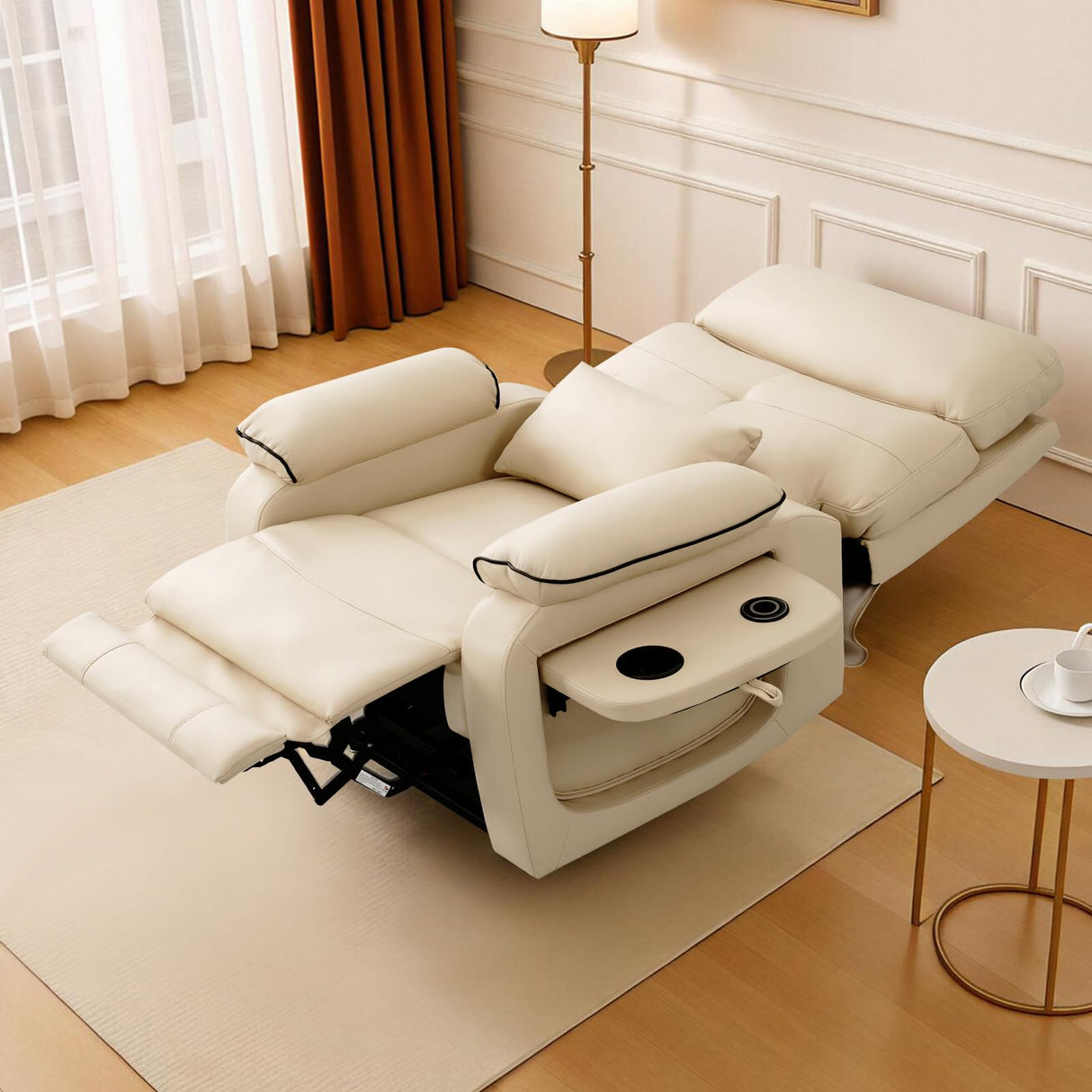 Dual Motor Power Lift Recliner Chair for Adult & Elderly, Infinite Position Lay Flat Lift Chair with Heat & Massage, Cup Holder, Lumbar Pillow, Wireless Charger, USB Ports, Leather (Beige) RESTREAL