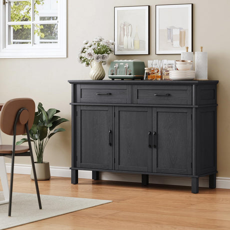 48" Buffet Cabinet with Storage, Farmhouse Sideboard Cabinet w/2 Drawers and 3 Doors, Wood Coffee Bar Cabinet with Adjustable Shelves, Storage Cabinet for Kitchen, Living Room, Entryway, Black ONBRILL