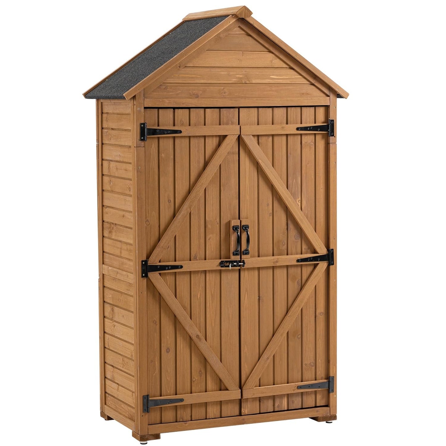 DetalleGo Outdoor Wooden Storage Cabinet, Storage Shed with 3 Detachable Shelves, Lockable Wooden Garden Shed with Waterproof Roof, Outside Vertical Tall Tool Shed for Yard Patio Lawn Deck (Natural)