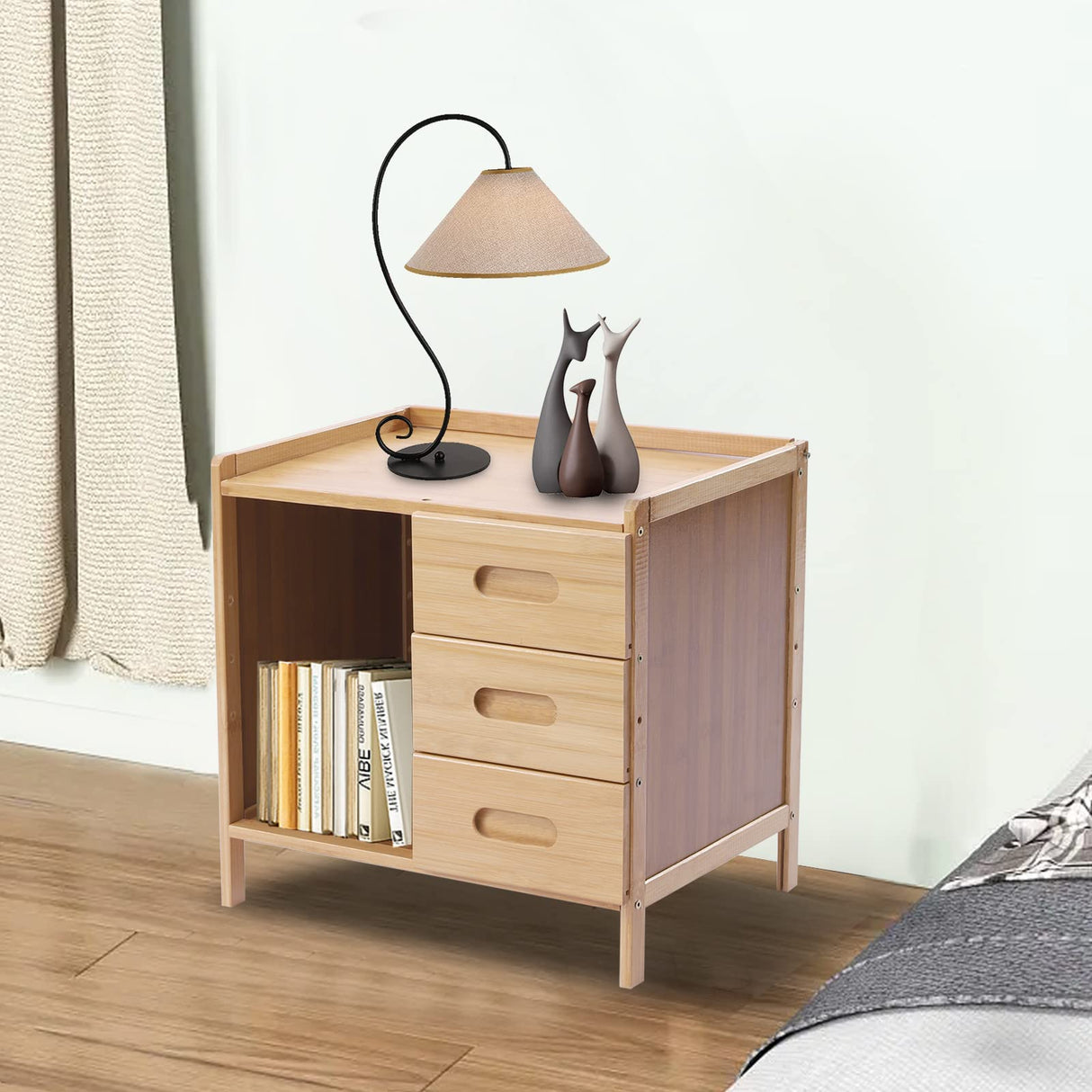 Bamboo Nightstand, Modern Side Table with Drawers and Open Shelf, Bamboo Legs for Bedrooms, Dorm Rooms, and Tight Spaces (Primary) LUNUMAOS