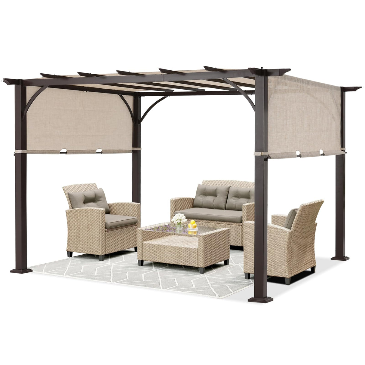 MASTERCANOPY 10' X 12' Outdoor Retractable Pergola with Adjustable Roof, Metal Patio Pergola for Backyard, Garden and Deck,Griege MASTERCANOPY