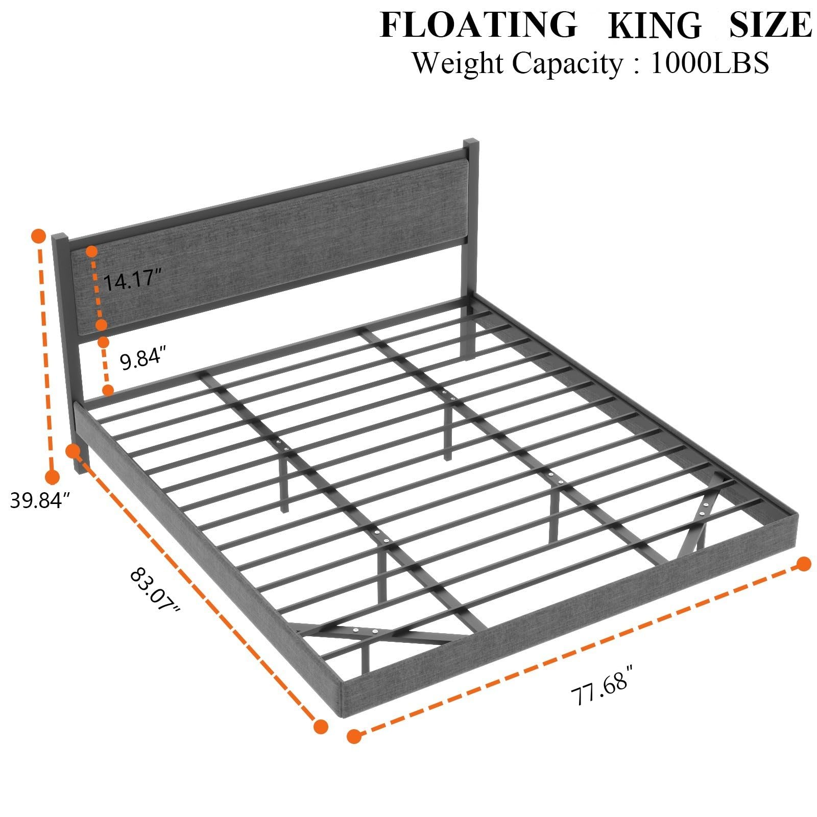 Gyfimoie Modern Grey King Floating Bed Frame with LED Lights and Double Beam Support - WoodArtSupply