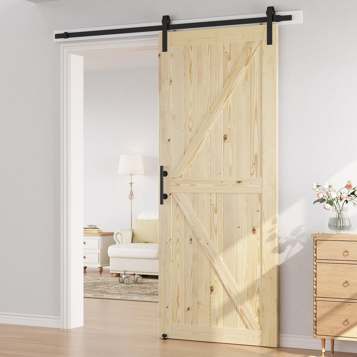 SMARTSTANDARD 42in x 96in Sliding Barn Door with 7ft Barn Door Hardware Kit Included, Unfinished Solid Spruce Wood Door, Assembly Required, DIY, Stainable, Natural SMARTSTANDARD
