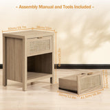 SICOTAS Rattan Nightstands Set of 2, Farmhouse Night Stands with Drawer Bedside Table - Boho End Table Side Table Accent Table for Bedroom Living Room, Light Oak Wood SICOTAS