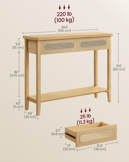 VASAGLE Console Table, Sofa Table, Narrow Entryway Table, Entry Table with 2 Drawers, Open Storage Shelf, Rounded Corners, for Living Room, Boho Style, Oak Beige ULNT016Y57 - WoodArtSupply