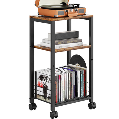 Kalrin Side Table, 3 Tier Moveable End Table, Record Player Stand with Records Shelf, Tall Nightstand for Bedroom, Living Room, Sofa, Office, Bathroom (Vintage Brown, Medium)