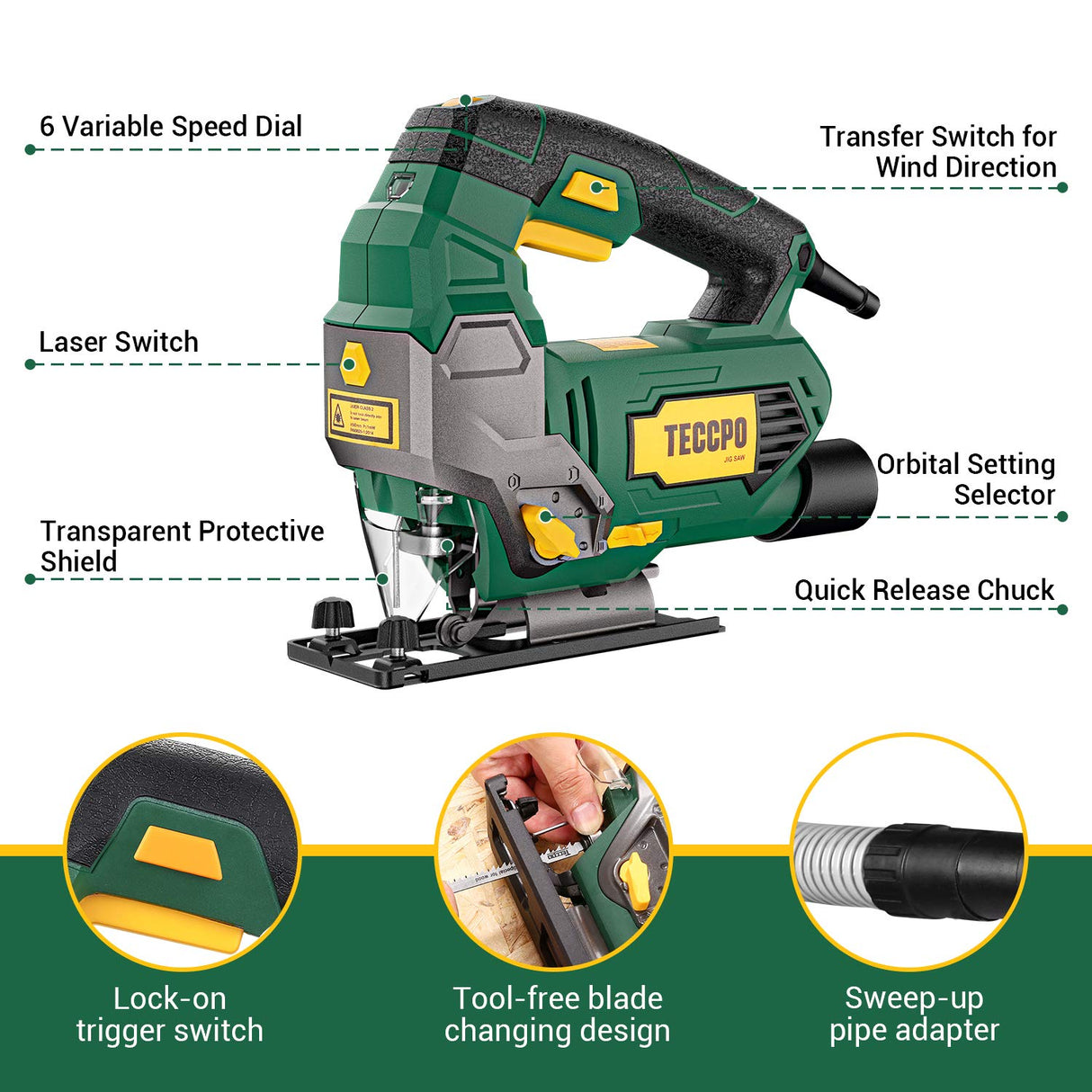 Jigsaw, TECCPO 6.5 Amp 3000 SPM Jig Saw with Laser, 6 Variable Speed, 6 Blades, ±45° Bevel Cutting, 4 Orbital Settings, Pure Copper Motor, with Carrying Case - TAJS01P TECCPO