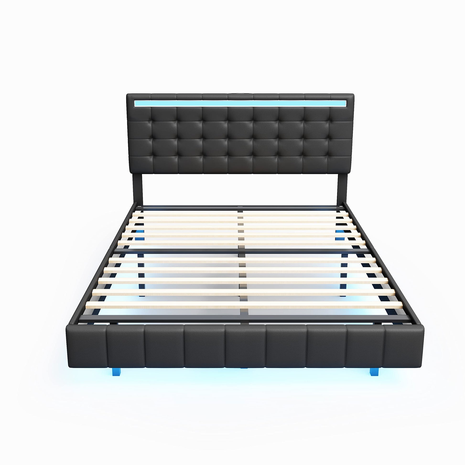 Bellemave Adjustable Queen Size Floating Bed Frame with LED Lights and USB Charger in Black - WoodArtSupply