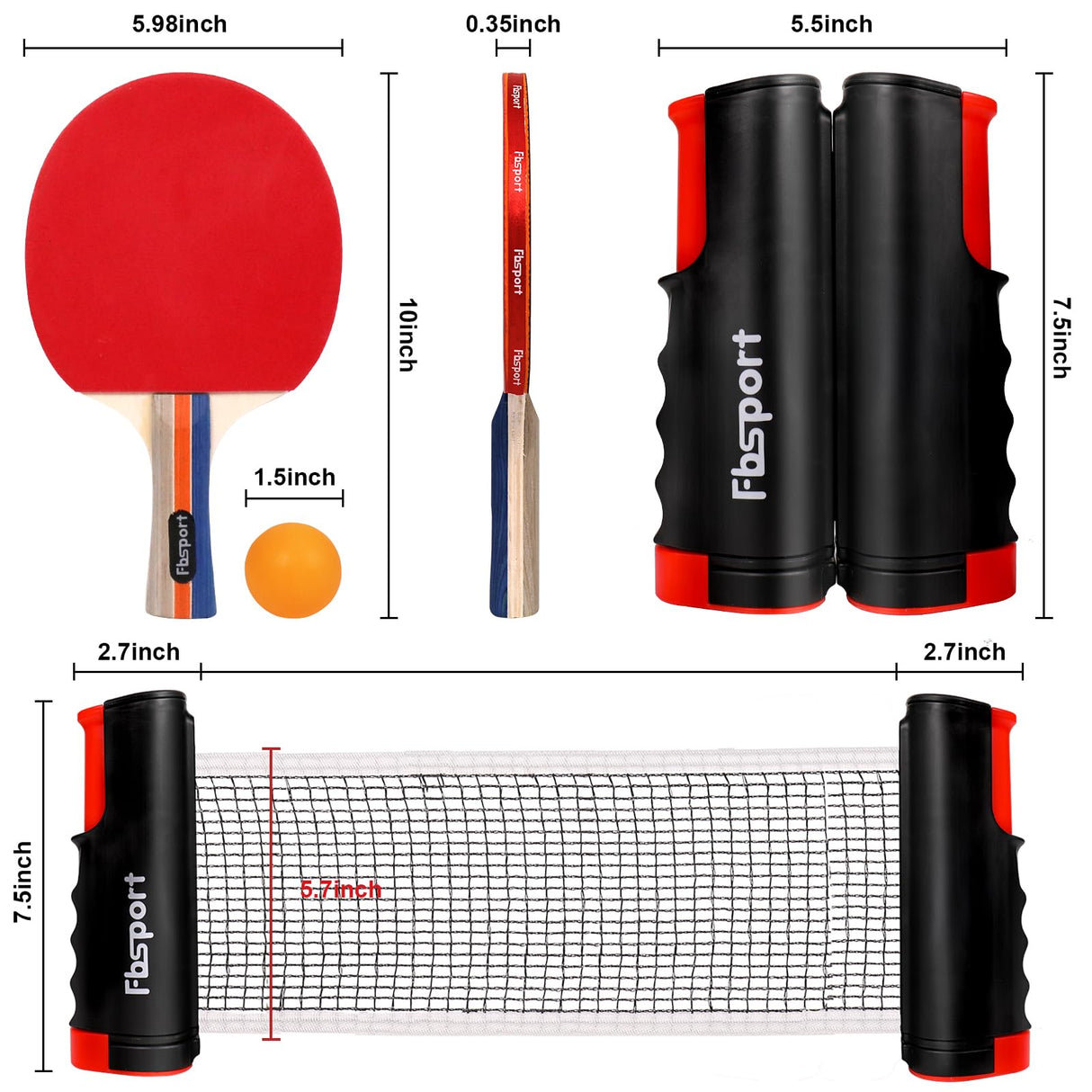 FBSPORT Ping Pong Paddle Set, Table Tennis Set with 4 Rackets and 8 Balls, Retractable Net with Storage Bag - Pingpong Paddle Accessories for Indoor/Outdoor Games FBSPORT