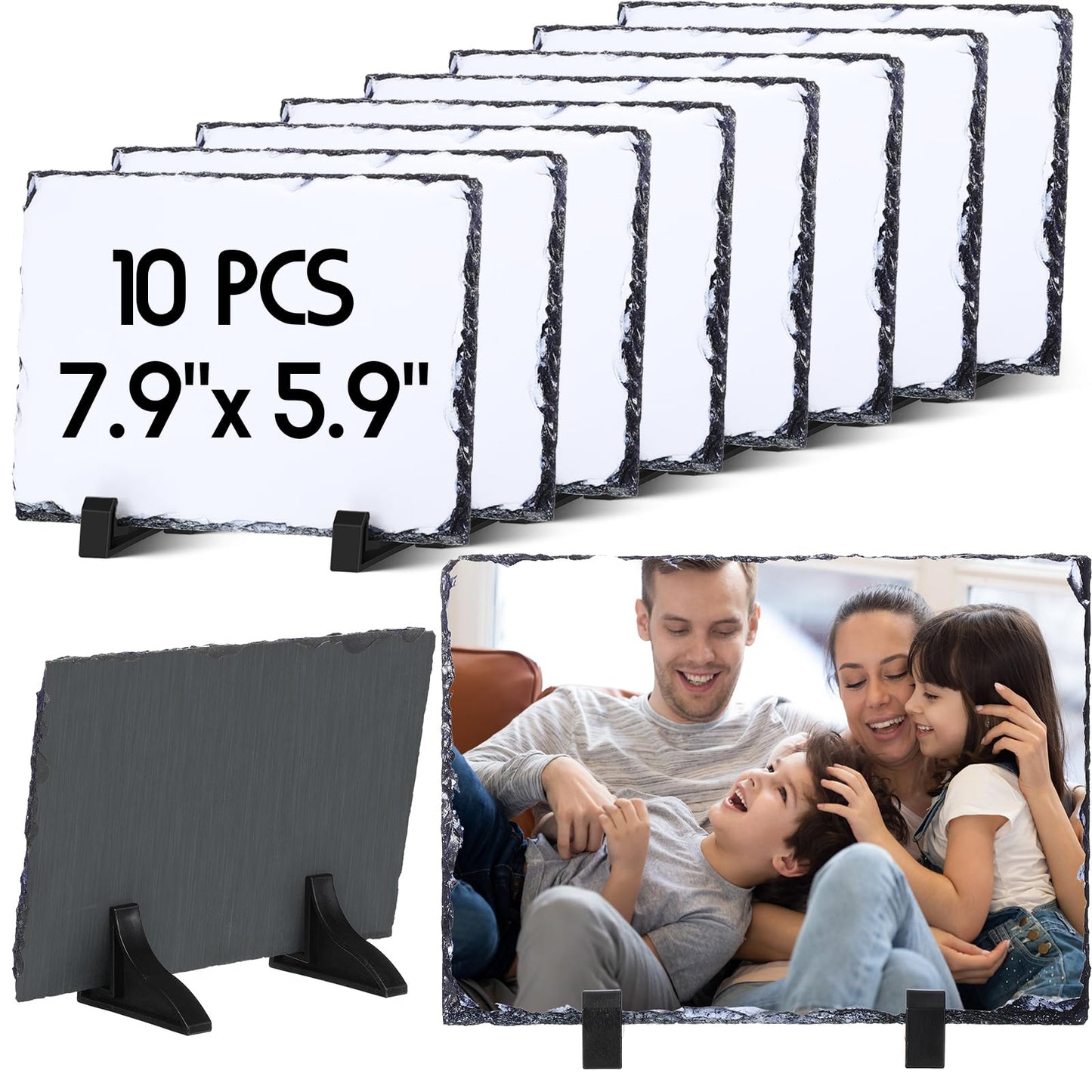 Gersoniel 10 Pcs Sublimation Slate Blanks 7.9 x 5.9 Inch Heat Thermal Transfer Rock Stone Photo Frame with Display Stand, Rectangular Sublimation Heat Press Picture Slate for DIY Desktop Souvenir Gift