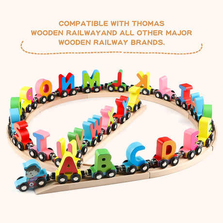 Wooden Alphabet Train Toy 27 PCS Magnetic Alphabet ABC Set Includes 1 Engine and 1 Storage Box Letter Cars for Toddlers Kids Boys and Girls, Compatible with Tracks Wondertoys
