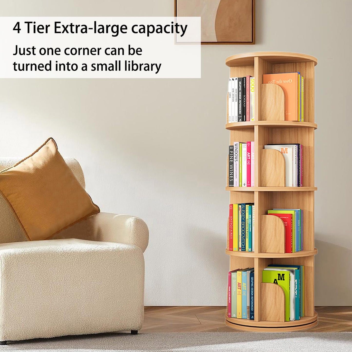 Feuusec 4-Tier Rotating Solid Wood Bookshelf Tower for Kids & Adults - Space-Saving Corner Display Bookcase - WoodArtSupply