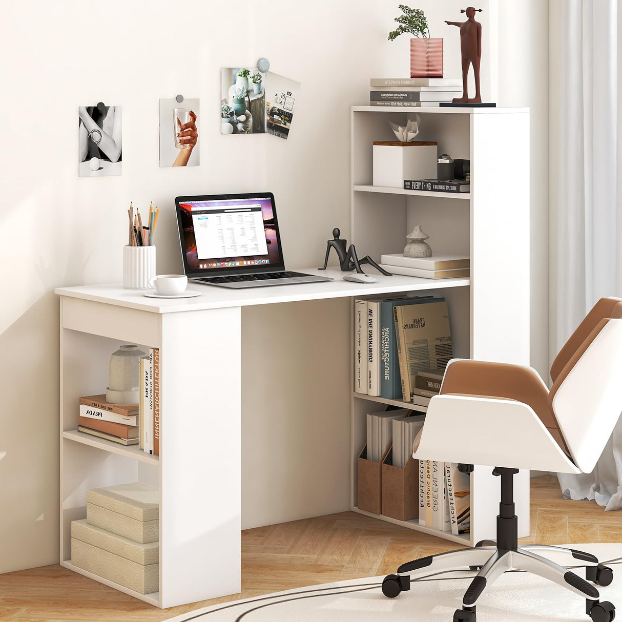 Tangkula White Computer Desk with Bookshelf, Writing Study Desk with Storage Shelves & CPU Stand, Modern Compact Computer Workstation for Home & Office, Space-Saving Design Tangkula