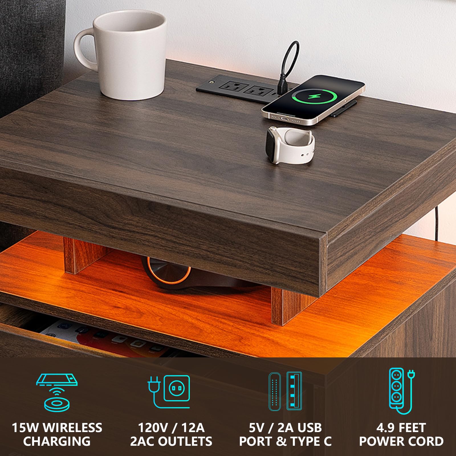 HOMMPA LED Nightstand with Wireless Charging Station Dark Walnut Mid Century Bedside Table with Led Light Smart Nightstand USB Port Type C Tall Night Table with 3 Drawers Wood Night Stand for - WoodArtSupply