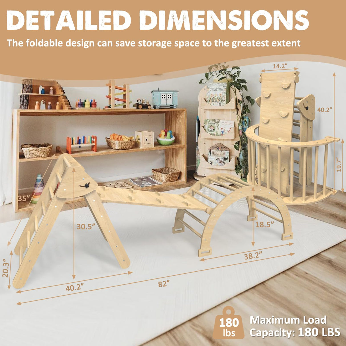 Granper Pikler Triangle Set 7-in-1, Foldable Toddler Climbing Toys Indoor, Wooden Montessori Climbing Set with Arch/Ramp/Ladder, Baby Climber Jungle Gyms for Toddlers and Kids (Burlywood) Granper