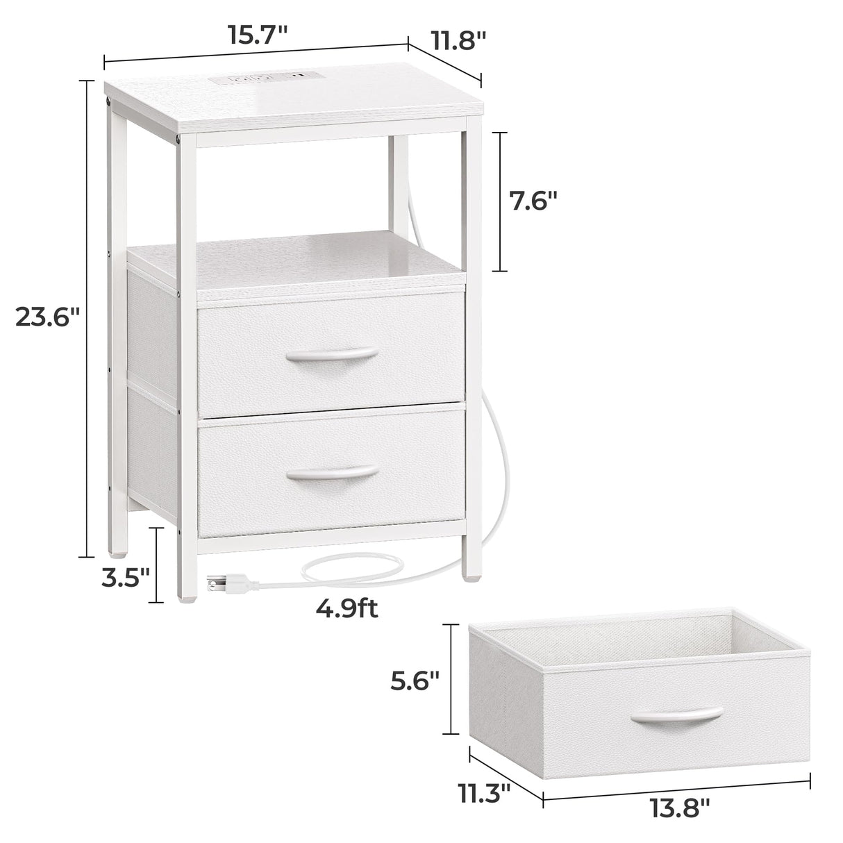 Huuger Nightstand with Charging Station, Side Table with Fabric Drawers, End Table with Open Shelf, Bedside Table with USB Ports and Outlets, Night Stand for Bedroom, White Huuger