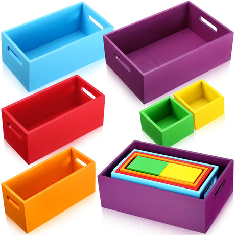 Yetene Set of 6 Wood Storage Boxes with Handles Wooden Nesting Crates Rustic Farmhouse Box for Kitchen Bathroom Home Party Table Decoration Storage Boxes (Colorful) Yetene