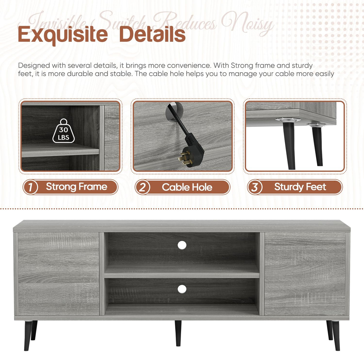 YESHOMY Modern TV Stand for 65" Television, Entertainment Center with Two Storage Cabinets, Retro Style Media Console for Living Room, Bedroom, Office, 58 Inch, Light Gray YESHOMY