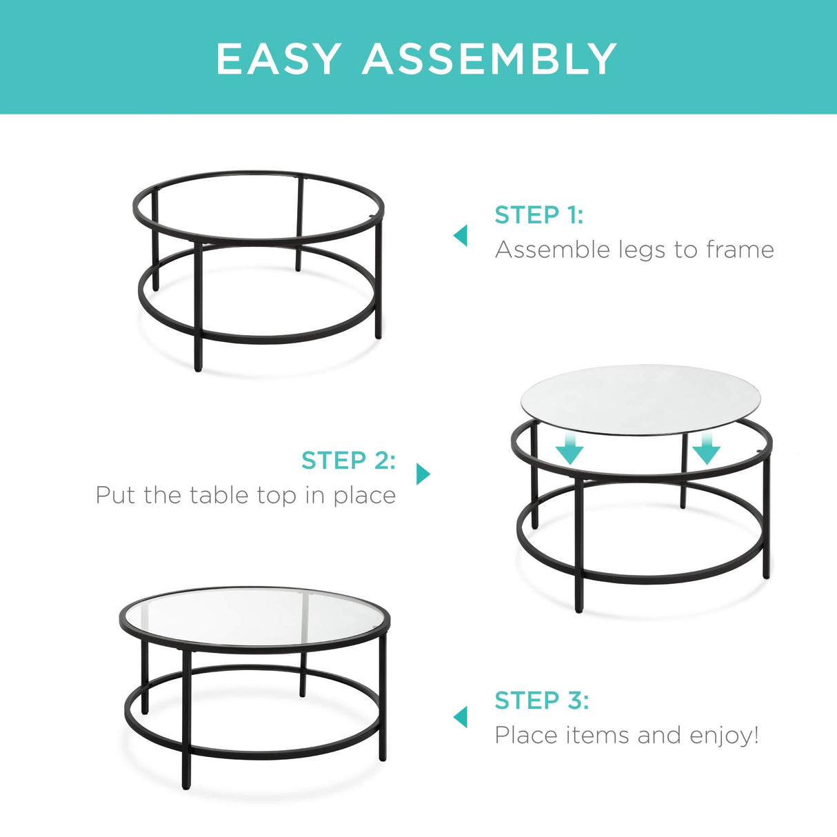 Best Choice Products 36in Modern Round Tempered Glass Accent Side Coffee Table for Living Room, Dining Room, Tea, Home Décor w/Metal Frame, Non-Marring Foot Caps - Black Best Choice Products