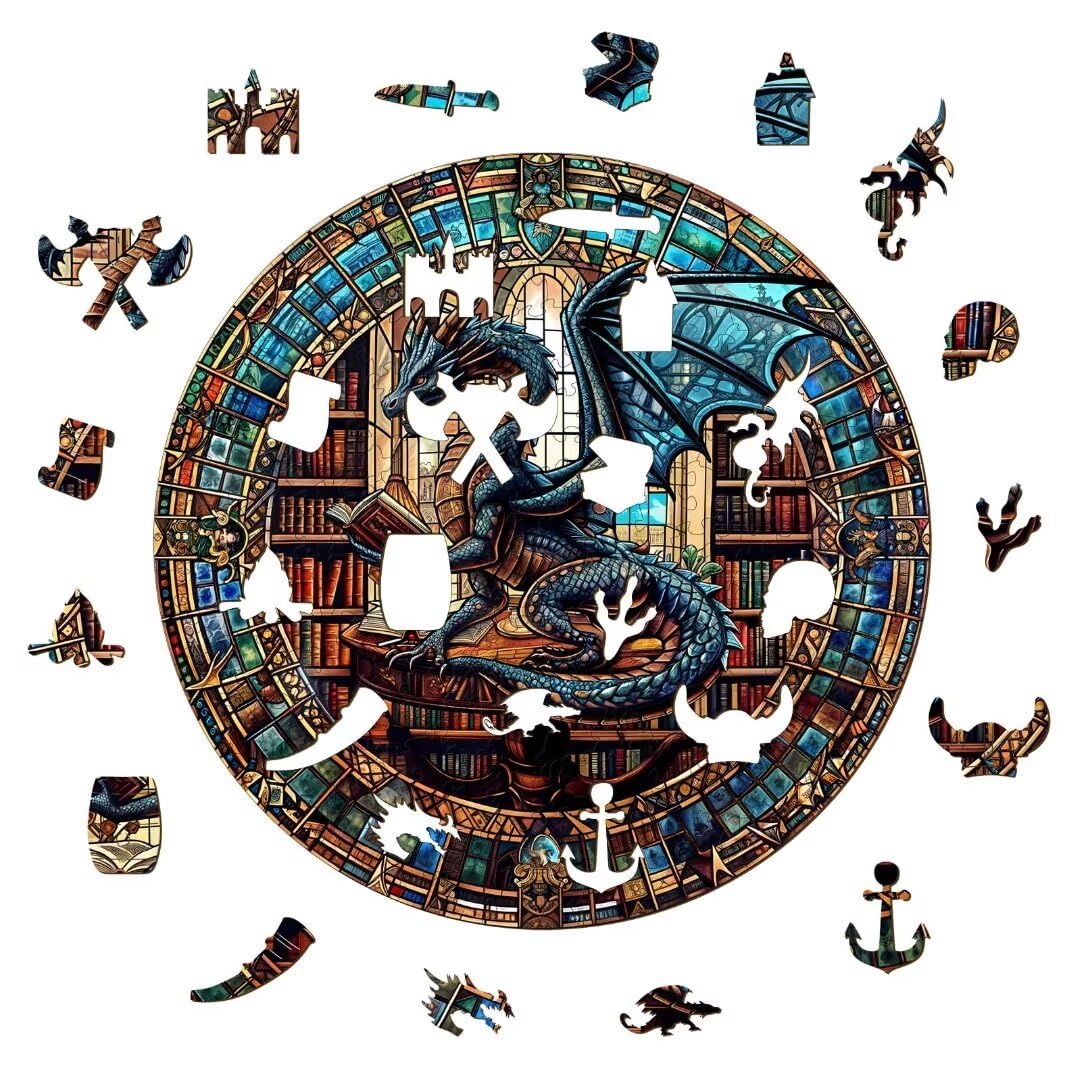 Jollitot Wooden Puzzles Adults, Dragon Library Puzzle 300 Pieces, Unique Animal Shaped Wood Challenging Jigsaw Puzzles Gifts for Adults, 13.4x13.3in Jollitot