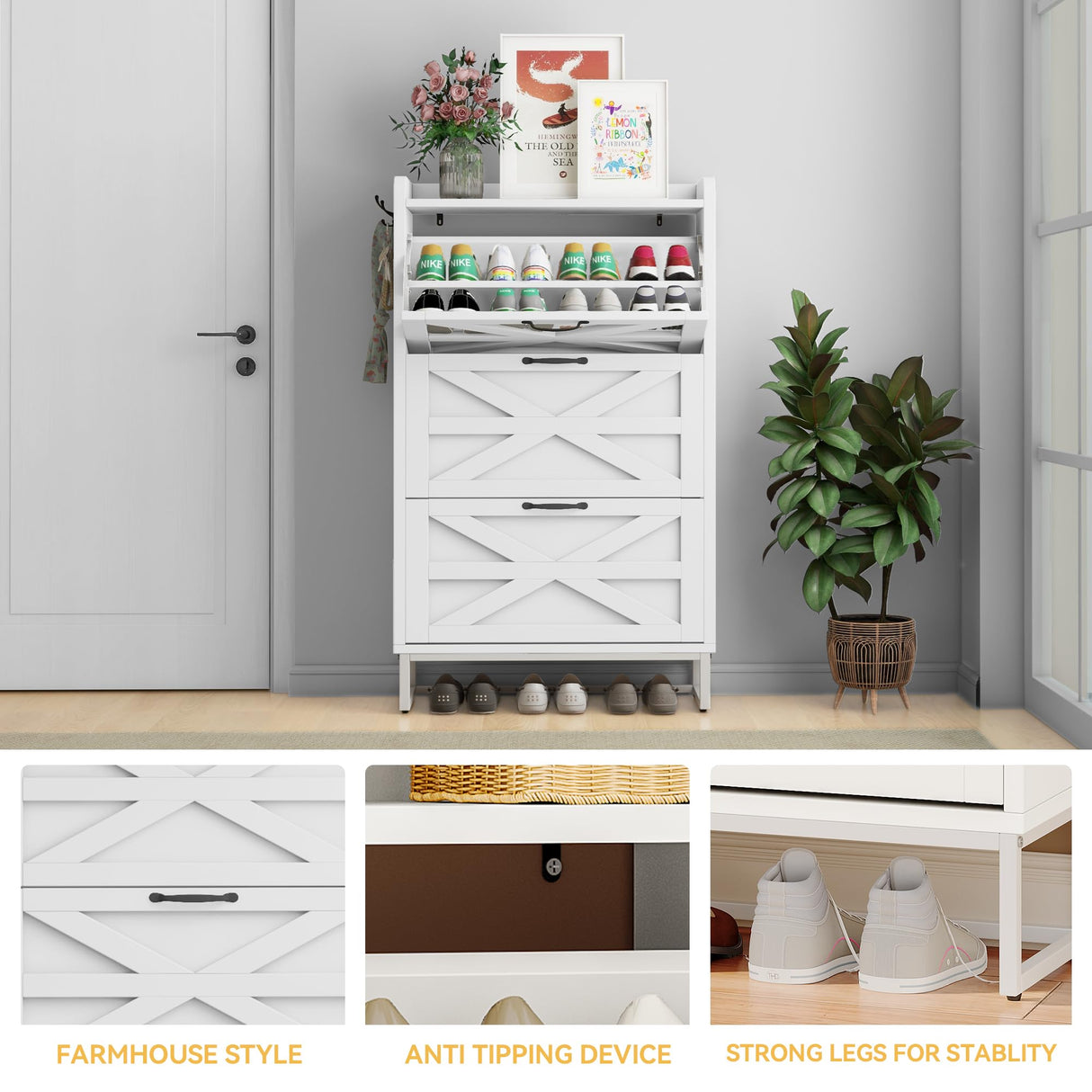 DWVO Farmhouse Shoe Storage Cabinet with 3 Flip Drawers, Slim Shoe Cabinet for Up to 24 Pairs, Narrow Shoe Rack for Entryway, Living Room, Hallway (White) DWVO
