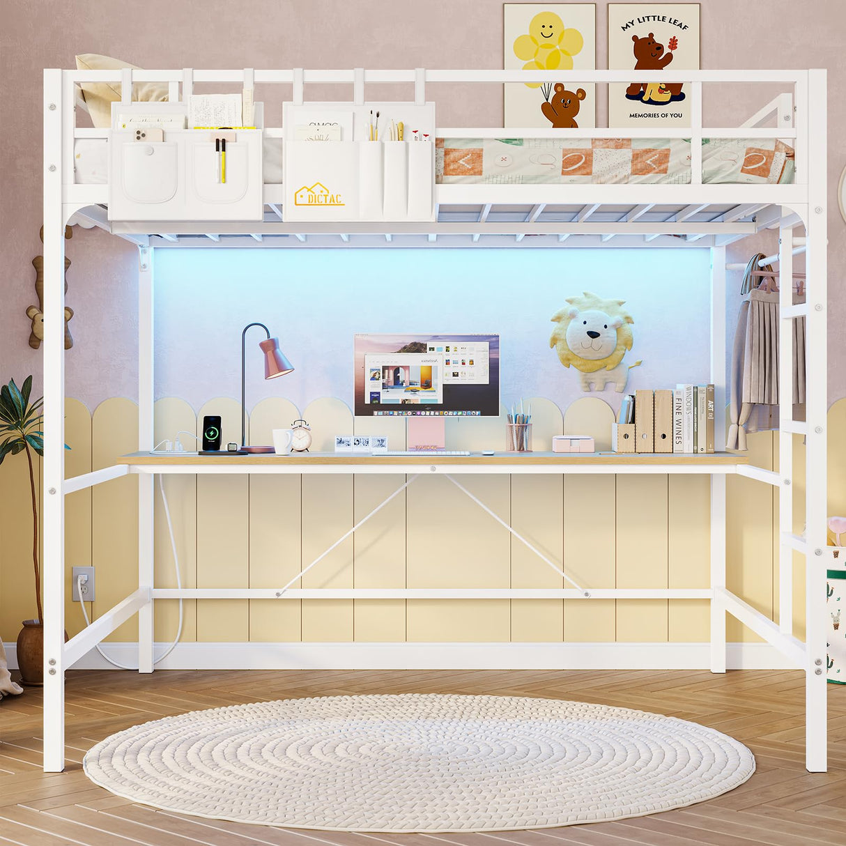 DICTAC Loft Bed Full Size with Desk and Led Lights Metal Full Loft Bed with Power Outlet Full Size Bed Frame with Top Bunk and Safety Guard & Ladder, Space-Saving,No Noise,No Box Spring Needed, White DICTAC