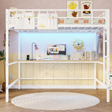 DICTAC Loft Bed Full Size with Desk and Led Lights Metal Full Loft Bed with Power Outlet Full Size Bed Frame with Top Bunk and Safety Guard & Ladder, Space-Saving,No Noise,No Box Spring Needed, White DICTAC