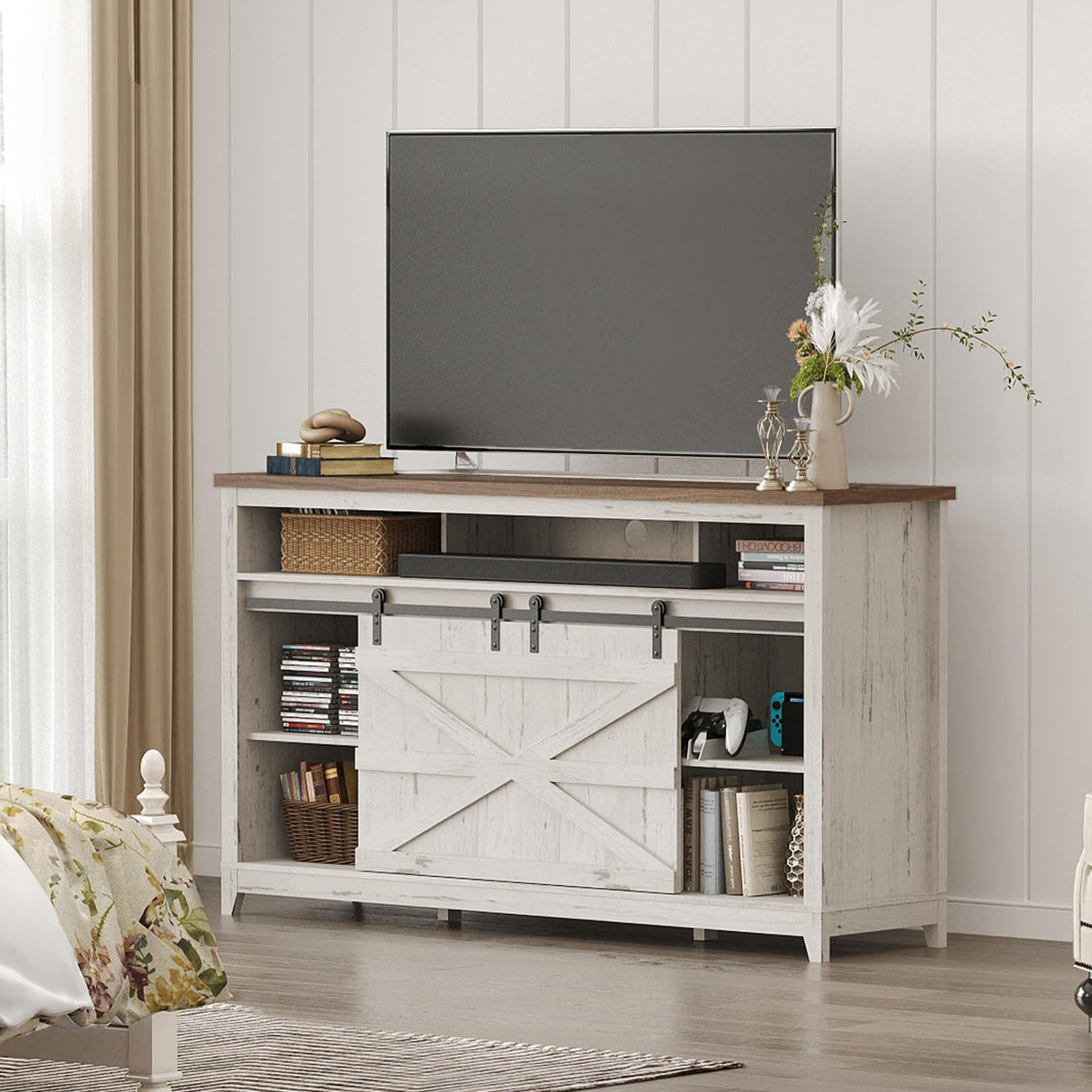 Lifewit Farmhouse TV Stand for up to 65" TV, 33.4" Tall Entertainment Center with Ajustable Shelves, Sliding Barn Door and Open Storage Spaces, TV Console for Living Room, Bedroom， Rustic White Lifewit