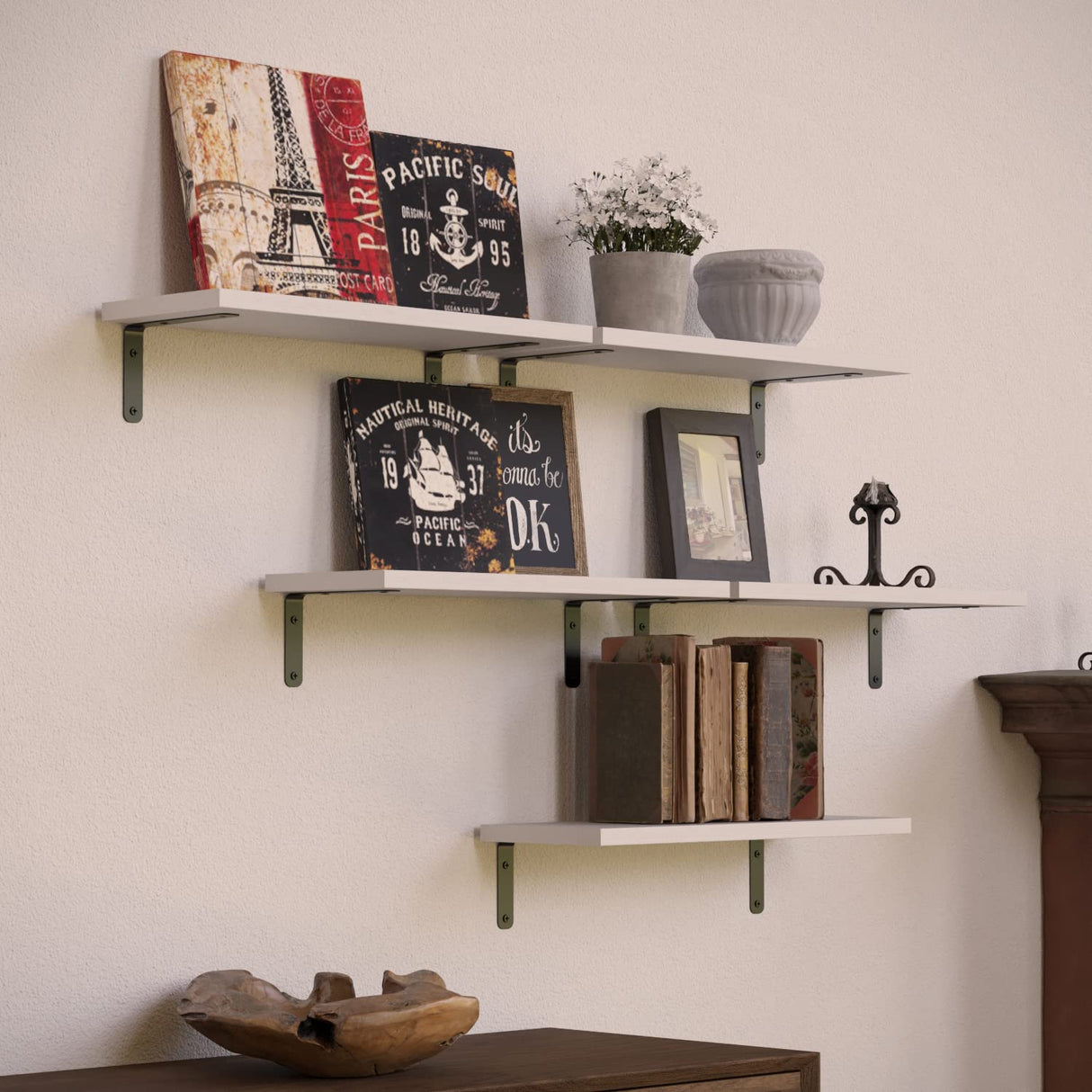 RICHER HOUSE Floating Wall Shelves, Rustic Wood Bathroom Shelves Set of 5, Farmhouse Style Shelf for Décor, Hanging Bedroom, Storage, Kitchen, Living Room - White RICHER HOUSE