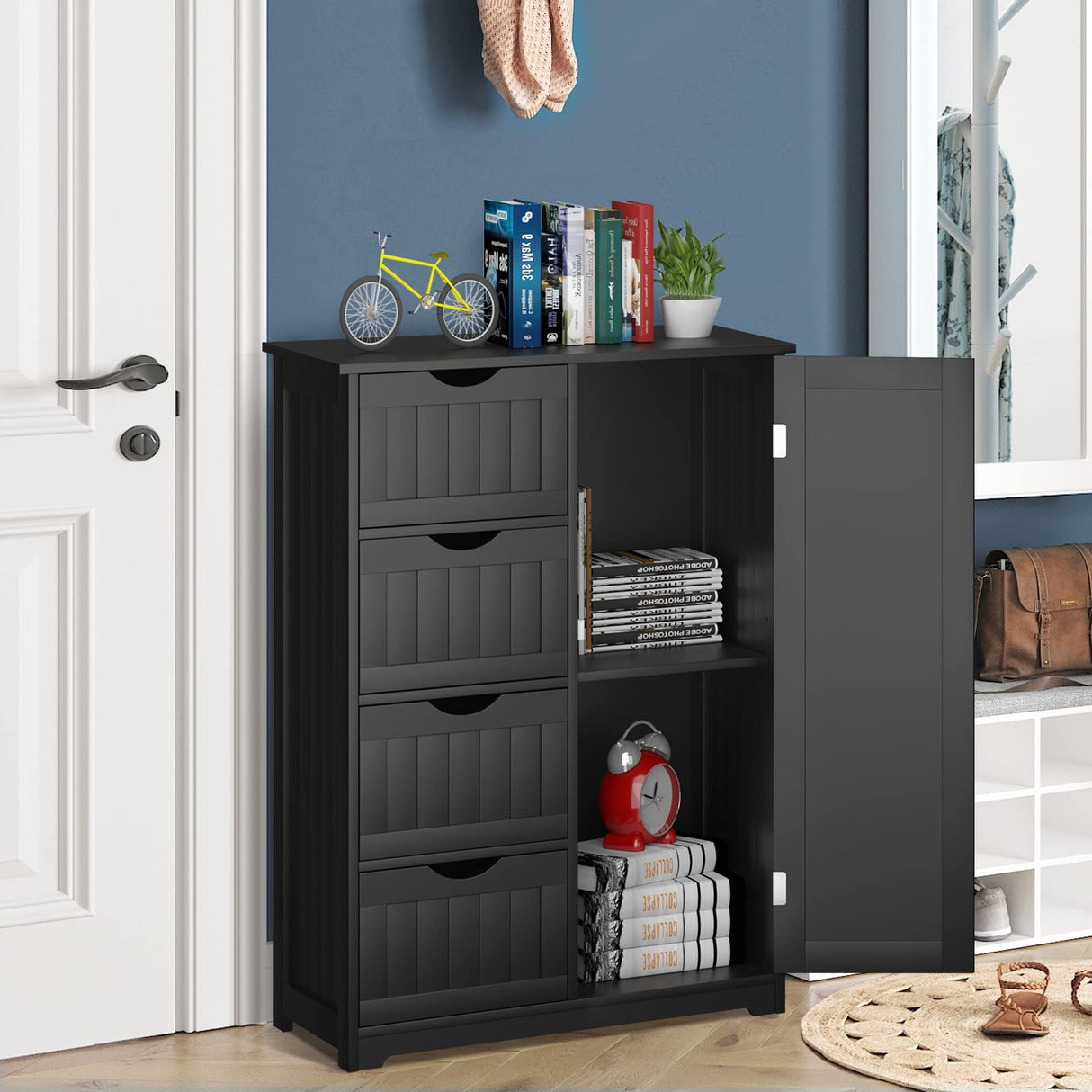 Tangkula Bathroom Floor Cabinet, Freestanding Storage Cabinet with 4 Drawers & Single Door, Adjustable Shelf, Multipurpose Bathroom Storage for Home Office, 22 x 12 x 32 Inches (Black) Tangkula