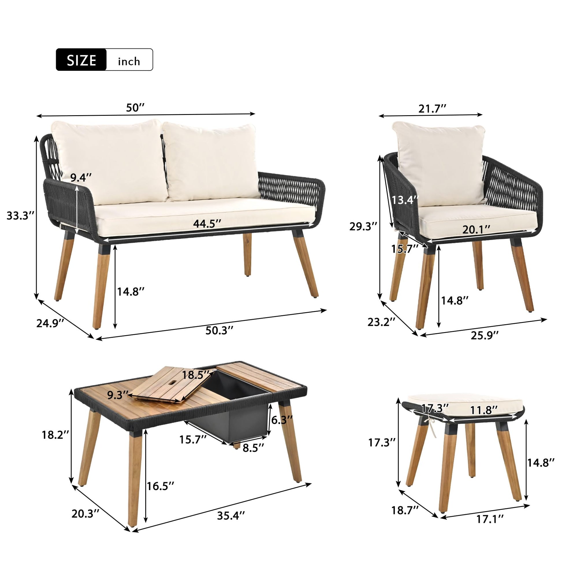 LUMISOL 6-Piece Beige Rope Patio Furniture Set with Acacia Wood Coffee Table and Ice Bucket - WoodArtSupply