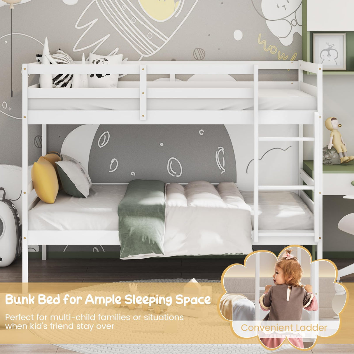 Giantex Bunk Bed Twin Over Twin White, Solid Wood Bunk Bed with Sturdy Ladder & 12 Inch Safety Guard Rails, Twin Size Wood Bed Frame for Dormitory, No Box Spring Needed, Bunk Beds for Kids Teens Giantex