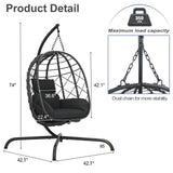 LUTINLIX Wicker Egg Chair Outdoor Indoor,Foldable Patio Hanging Egg Chair with Stand,Swing Chair with UV Resistant Cushion 350lbs Capacity for Bedroom, Patio, Garden and Balcony (Black+Dark Grey) LUTINLIX
