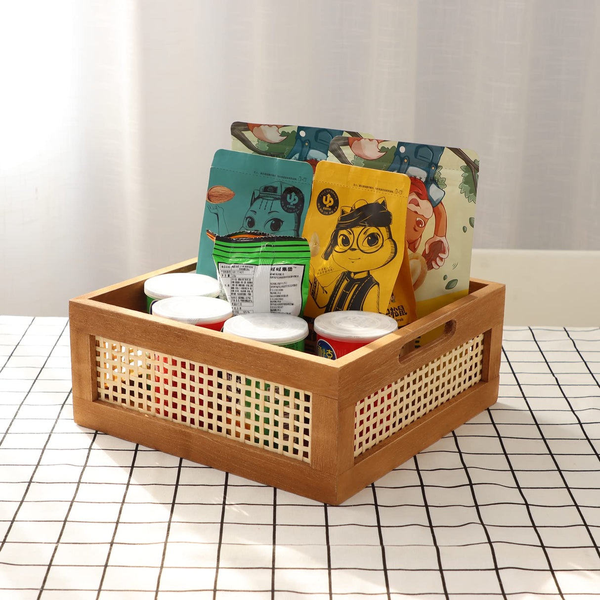 YAHUAN Woven Wooden Basket Wood Storage Crate Box, Decorative Rustic Basket Bamboo Basket with Built-In Handles for Kitchen Pantry, Cabinet, Office, Bedroom, Rustic Country Decor (Brown) YAHUAN