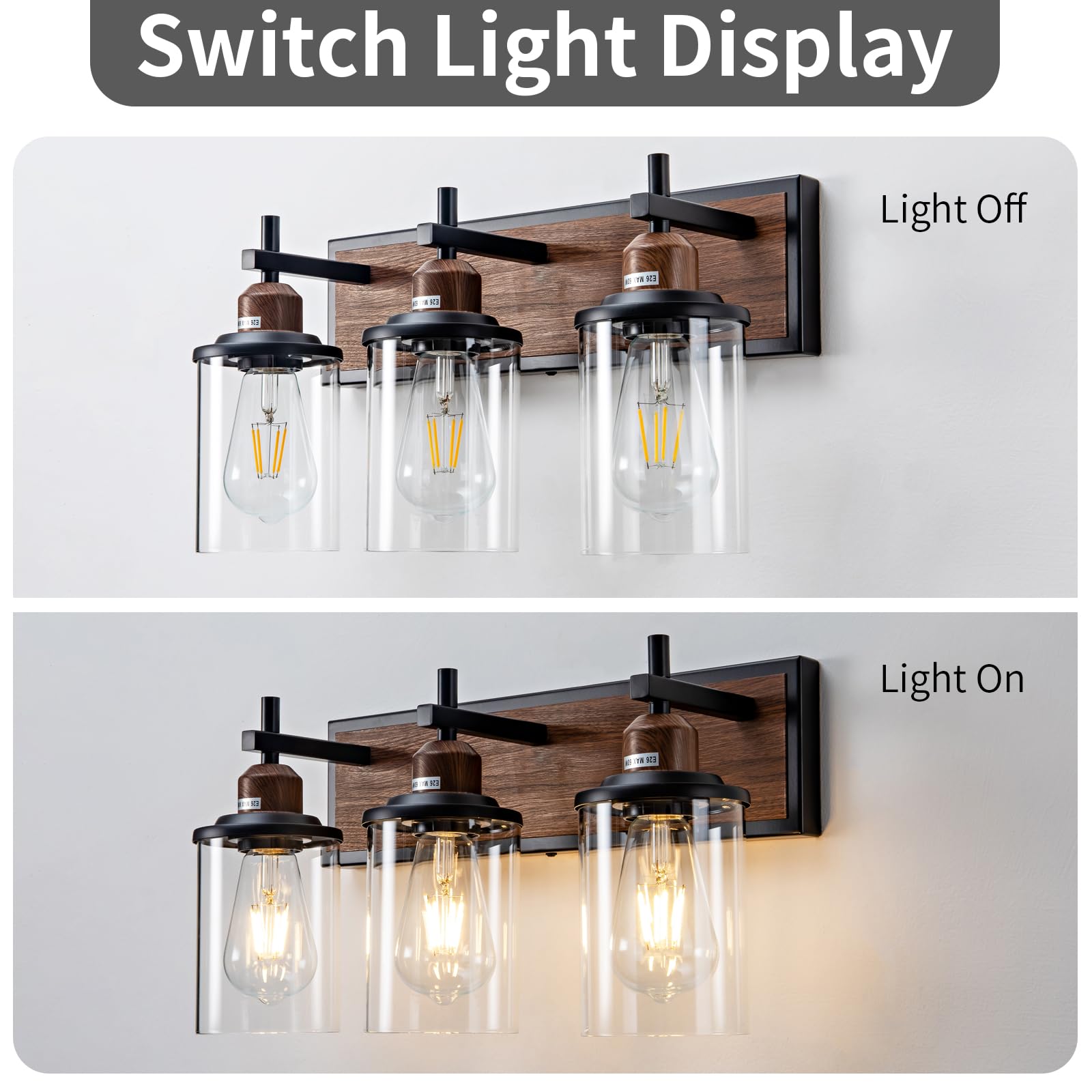 Lanhall 3-Light Farmhouse Bathroom Light Fixtures Vintage Bathroom Vanity Lights Over Mirror Black and Wood Painted Metal Vanity Light for Bathroom with Glass Shades E26 Socket - WoodArtSupply