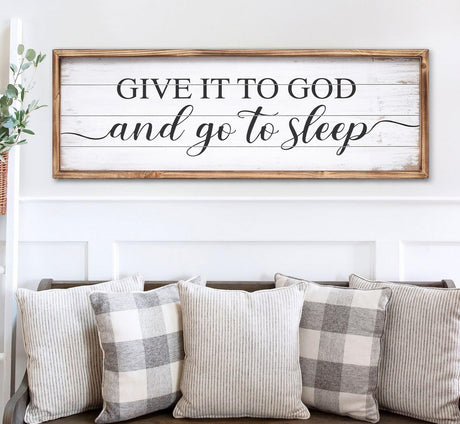 UPPER DECOR Give It to God and Go to Sleep Sign 42''×15'' Large Above Bed Wall Decor Farmhouse Bedroom Decor Wood Guest Room Decor Framed Wall Art Rustic Master Bedroom Wall Decoration UPPER DECOR