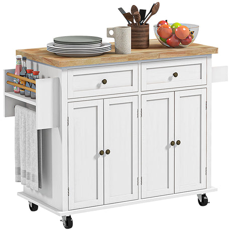 HOMCOM Kitchen Island on Wheels, Rolling Cart with Rubberwood Top, Spice Rack, Towel Rack and Drawers for Dining Room, Distressed White HOMCOM