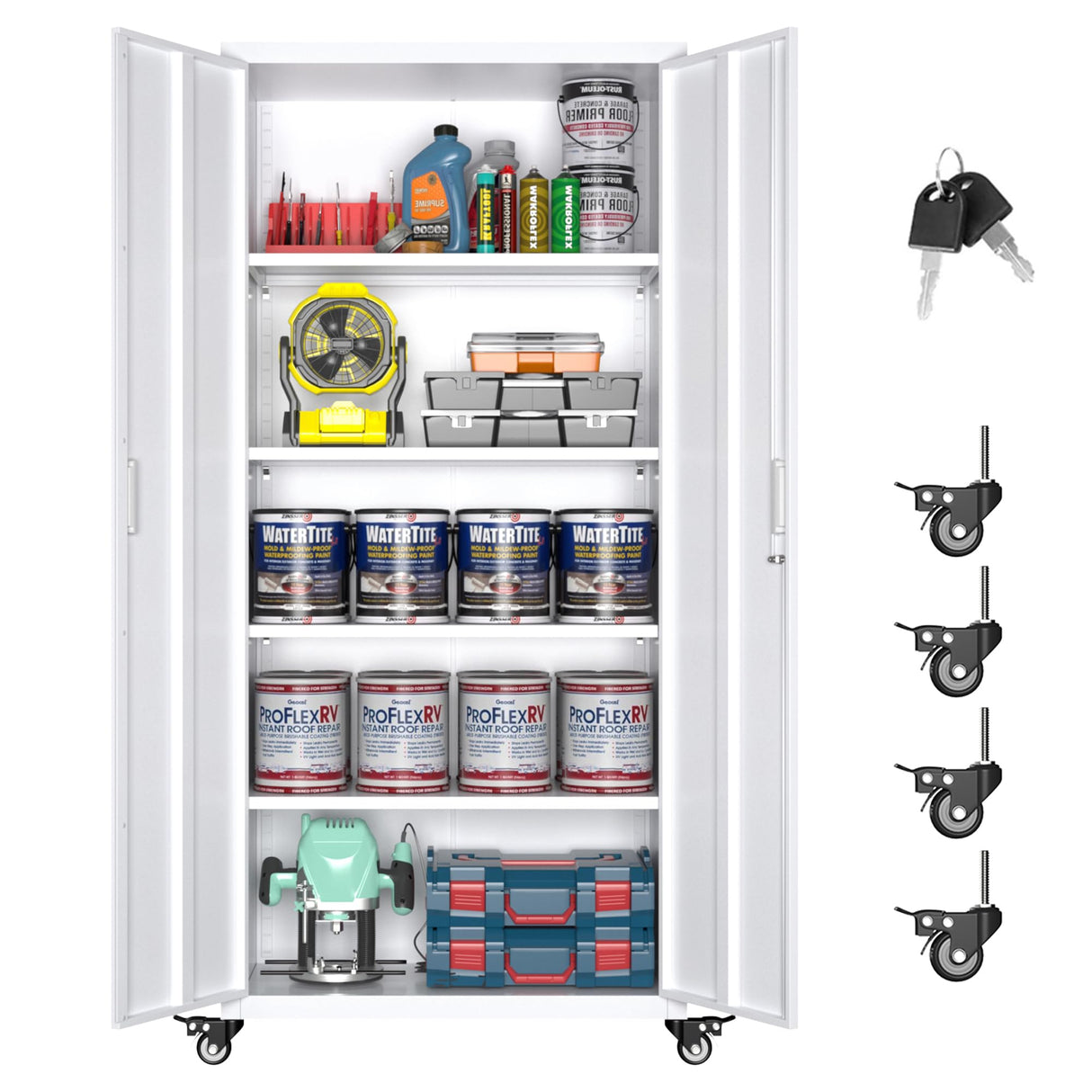 Aobabo 73''H Garage Storage Cabinet with Wheels,Office Storage Cabinet with Lock,Steel Cabinet with 2 Doors and 4 Adjustable Shelves for Garage Office,Required-Assembly White Aobabo