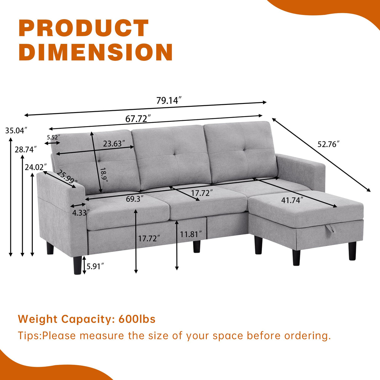 Pingliang Home Sectional Sofa Couches for Living Room, Modular 3 Seats Sectional Sofas L Shaped Couch with Storage and Reversible Chaise, Linen Fabric, 79" (Light Grey) Pingliang Home